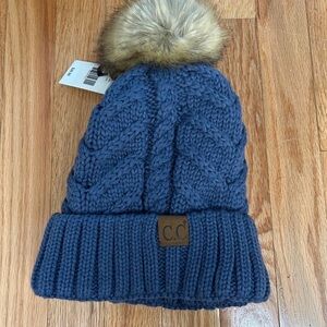 C.C Navy Knit Hat with Faux Fur Pom Pom